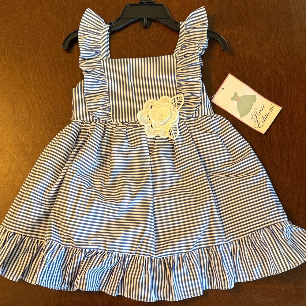 Rare Editions Navy and White Striped Dress with Floral Detail